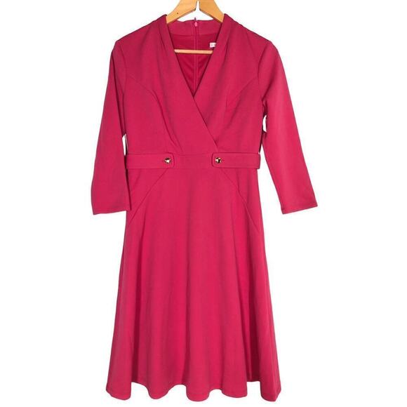 London Times Fit & Flare Dress Surplice 3/4 Sleeve Knee Length V Neck Pink 4 - Picture 3 of 9